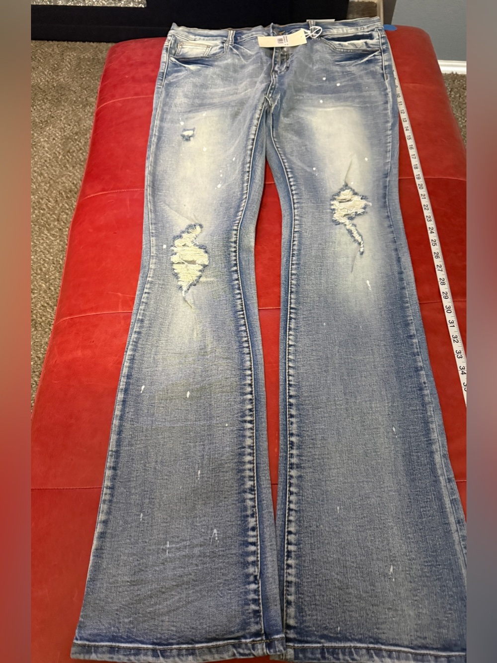 Mnml Distressed Light Blue skinny stacked Flare leg Jeans size 38